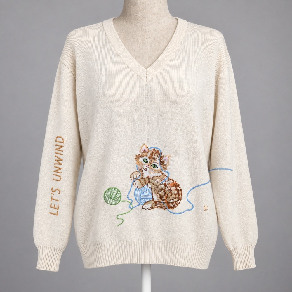 Vintage 90s Embroidered Kitten Sweater Size XL Cat Lover Novelty Cottage Granny